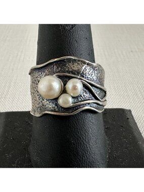 Vintage Israeli Brutalist Sterling Silver Pearl Ring Oxidized Wide Band